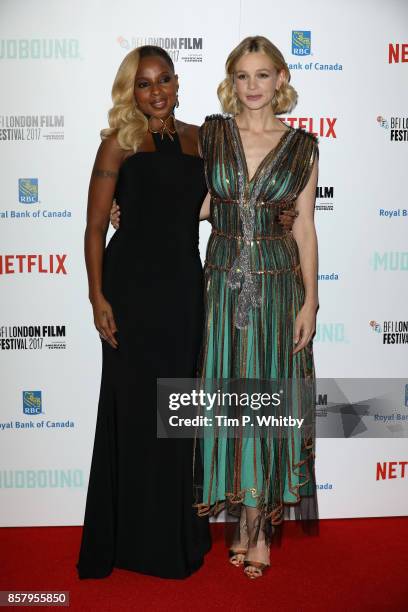 Singer Mary J. Blige and actress Carey Mulligan attend the Royal Bank of Canada Gala & European Premiere of "Mudbound" during the 61st BFI London...