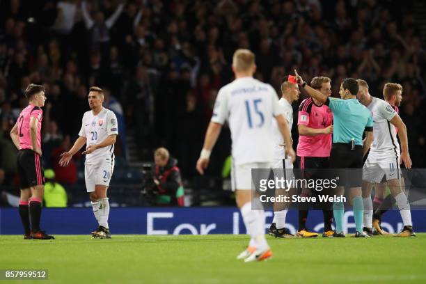 Robert Mak of Slovakia is shown a red card by referee Milorad Mazic and is sent off during the FIFA 2018 World Cup Group F Qualifier between Scotland...