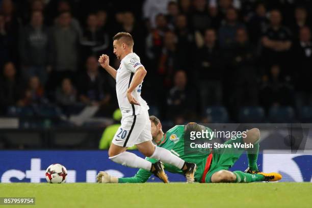 Robert Mak of Slovakia falls as he is faced by goalkeeper Craig Gordon of Scotland and is shown a second yellow card for simulation during the FIFA...