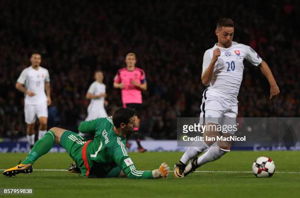 Robert Mak of Slovakia vies with Craig Gordon of Scotland resulting in a red card for Robert Mak during the FIFA 2018 World Cup Qualifier between...