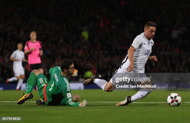 Robert Mak of Slovakia vies with Craig Gordon of Scotland resulting in a red card for Robert Mak during the FIFA 2018 World Cup Qualifier between...