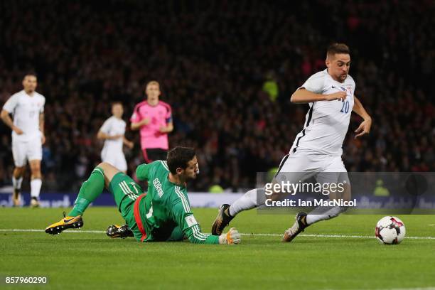 Robert Mak of Slovakia falls as he is faced by goalkeeper Craig Gordon of Scotland and is shown a second yellow card for simulation and is sent off...