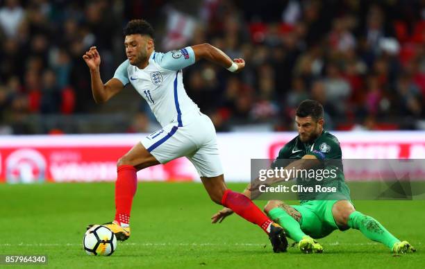 Alex Oxlade-Chamberlain of England evades Bojan Jokic of Slovenia during the FIFA 2018 World Cup Group F Qualifier between England and Slovenia at...