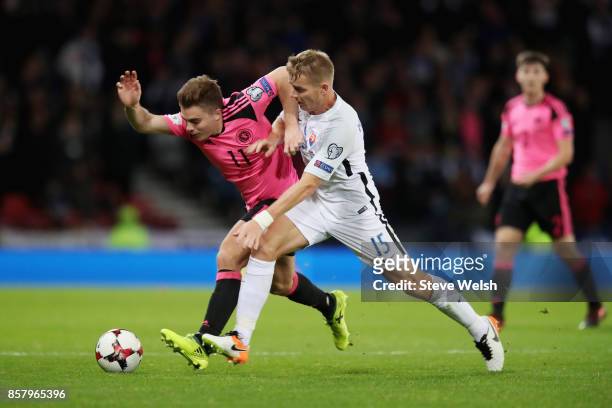 James Forrest of Scotland and Tomas Hubocan of Slovakia battle for the ball during the FIFA 2018 World Cup Group F Qualifier between Scotland and...