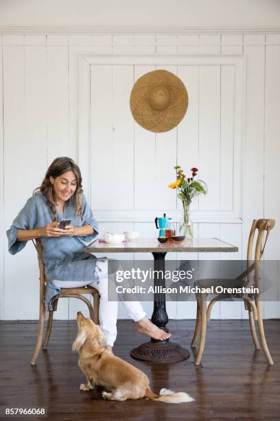 mid adult woman taking pictures of her dog with phone - luxury home dining table people lifestyle photography people stock pictures, royalty-free photos & images