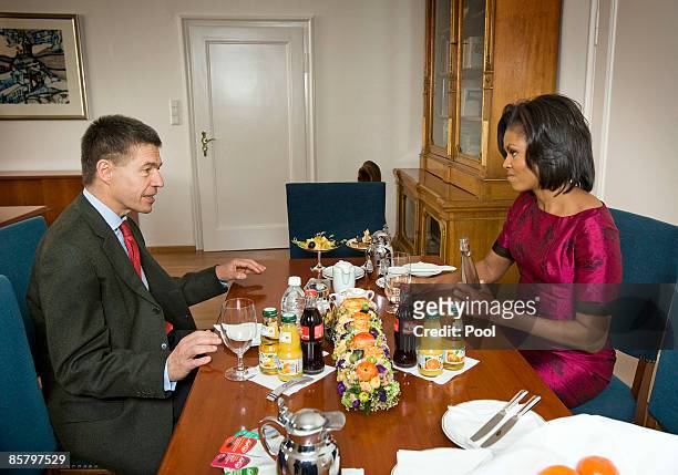 First Lady Michelle Obama and Prof. Joachim Sauer chat during the NATO summit at the Kurhaus on April 3, 2009 in Baden Baden, Germany. Heads of...