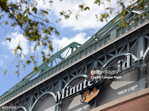 Detail shot of the logo on the exterior of Minute Maid Park before Game 1 of the American League Division Series between the Boston Red Sox and the...