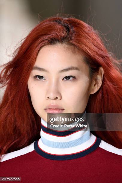 Model walks the runway during the Louis Vuitton Paris show as part of the Paris Fashion Week Womenswear Spring/Summer 2018 on October 3, 2017 in...