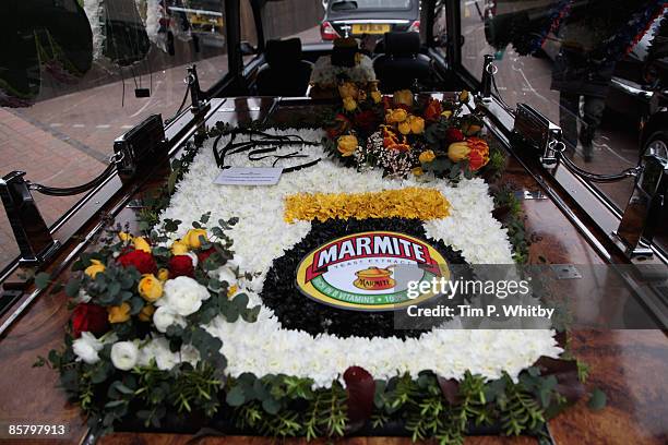 Marmite styled flowers at F.A. Albin & Co Funeral Directors before the funeral cortege of television celebrity Jade Goody leaves F.A. Albin & Co...