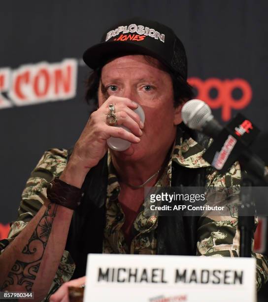 Michael Madsen speaks at the "Explosion Jones" Panel at the 2017 New York Comic Con 2017 at Javits Center on October 5, 2017 in New York City. / AFP...