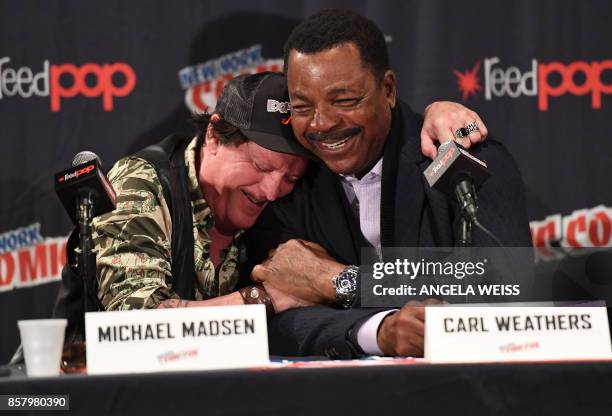 Michael Madsen and Carl Weathers attend the "Explosion Jones" Panel at the 2017 New York Comic Con 2017 at Javits Center on October 5, 2017 in New...