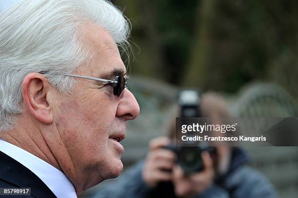 Max Clifford speaks to the media shortly before leaving the family home of television celebrity Jade Goody for her funeral service on April 4, 2009...