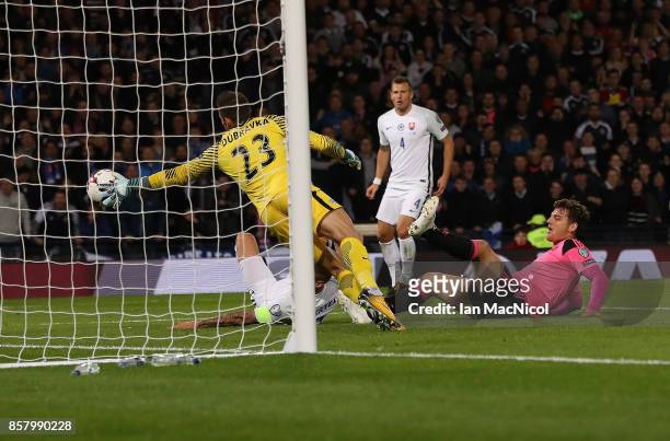 Chris Martin of Scotland scores during the FIFA 2018 World Cup Qualifier between Scotland and Slovakia at Hampden Park on October 5, 2017 in Glasgow,...