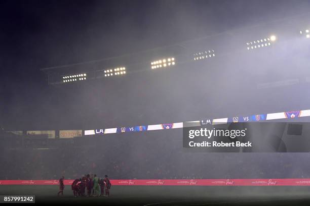 View of Real Salt Lake players on smoke filled field after pregame fireworks before game vs Los Angeles Galaxy at StubHub Center. Carson, CA...