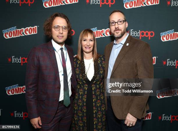 Brett-Patrick Jenkins, Gale Anne Hurd and Aaron Mahnke attend Amazon Prime Video's Lore New York Comic Con 2017 Autograph Signing at The Jacob K....