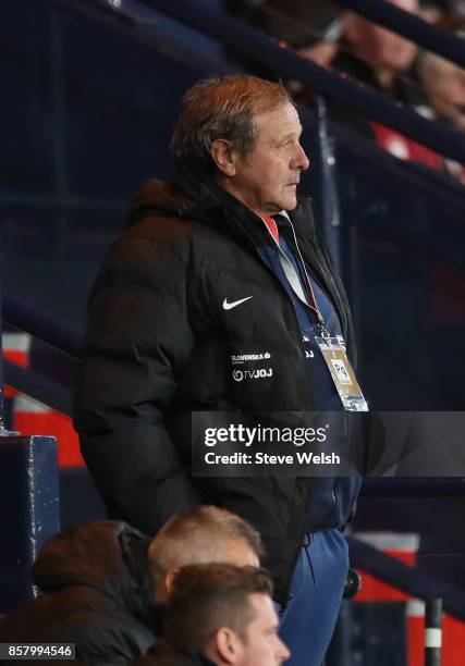 Jan Kozak, manager of Slovakia looks on during the FIFA 2018 World Cup Group F Qualifier between Scotland and Slovakia at Hampden Park on October 5,...