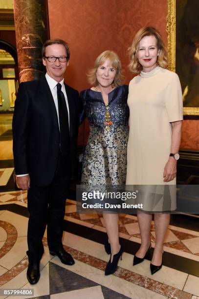 Thaddaeus Ropac, Hannah Rothschild, Chair of the Board of Trustees, National Gallery, and Dame Julia Peyton Jones attends 'Unexpected View' co-hosted...