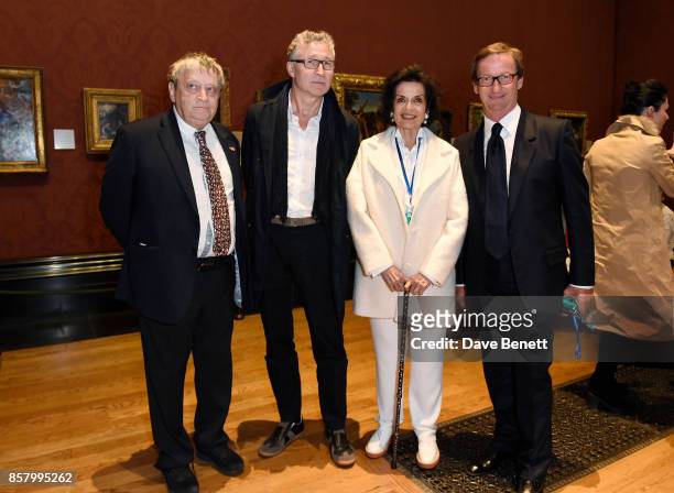 Norman Rosenthal, Guest, Bianca Jagger, and Thaddaeus Ropac attend 'Unexpected View' co-hosted by the National Gallery and Galerie Thaddaeus Ropac on...