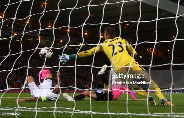 Martin Skrtel of Slovakia scores an own goal for the first Scotland goal during the FIFA 2018 World Cup Group F Qualifier between Scotland and...