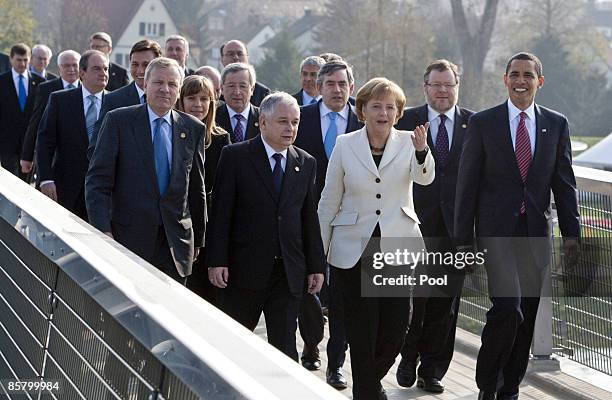 Secretary General Jaap de Hoop Scheffer, Polish President Lech Kaczynski, German Chancellor Angela Merkel and U.S. President Barack Obama attend at a...