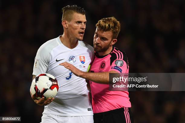 Scotland's midfielder James Morrison attempts to get the ball from Slovakia's defender Martin Skrtel during the FIFA World Cup 2018 qualifying...