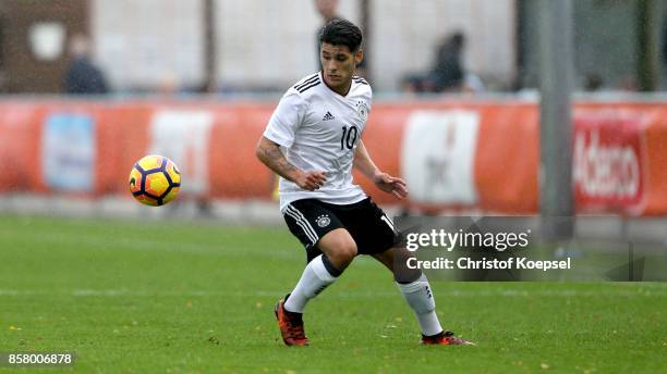 Goerkem Saglam of Germany runs with the ball during the International friendly match between U20 Netherlands and U20 Germany U20 at Sportpark De...