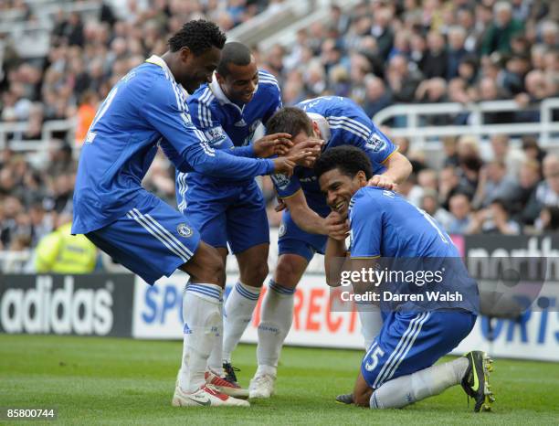 Florent Malouda of Chelsea celebrates scoring his team's second goal with his team mates during the Barclays Premier League match between Newcastle...