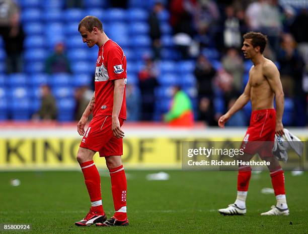 Robert Huth and Gary O'Neil of Boro walk off dejected at the final whistle during the Barclays Premier League match between Bolton Wanderers and...