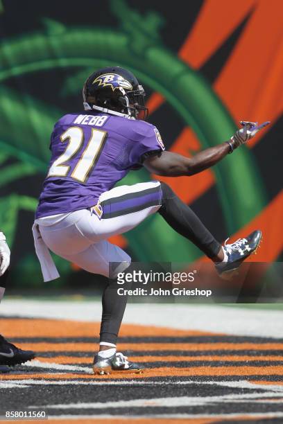 Lardarius Webb of the Baltimore Ravens celebrates an interception during the game against the Cincinnati Bengals at Paul Brown Stadium on September...
