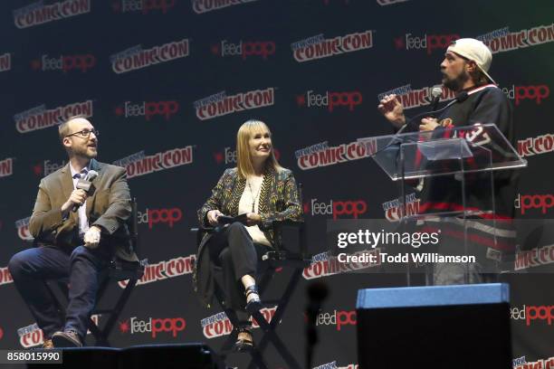 Aaron Mahnke, Gale Anne Hurd and Kevin Smith onstage at the Amazon Prime Video's Lore New York Comic Con 2017 - Panel at The Hammerstein Ballroom on...