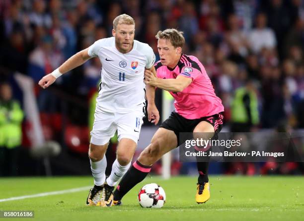 Scotland's Christophe Berra and Slovakia's Adam Nemec battle for the ball during the 2018 FIFA World Cup Qualifying, Group F match at Hampden Park,...