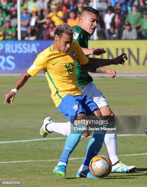 Neymar Jr. Of Brazil fights for the ball with Luis Gutierrez of Brazil during a match between Bolivia and Brazil as part of FIFA 2018 World Cup...