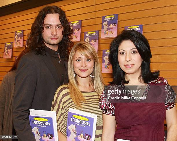 Constantine Maroulis, Marcy Rylan and Alexis Christoforous attend the book launch for "Loukoumi's Good Deeds" at Barnes & Noble at Lincoln Center on...