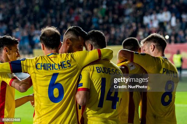 Vlad Chiriches Constantin Budescu Mihai Pintilii celebrating the second goal during the World Cup qualifying campaign 2018 game between Romania and...