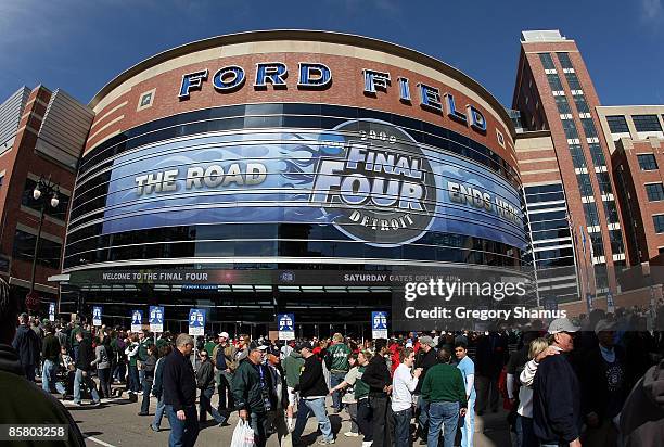 General view of the outside of Ford Field before the start of the National Semifinal games of the NCAA Division I Men's Basketball Championship on...