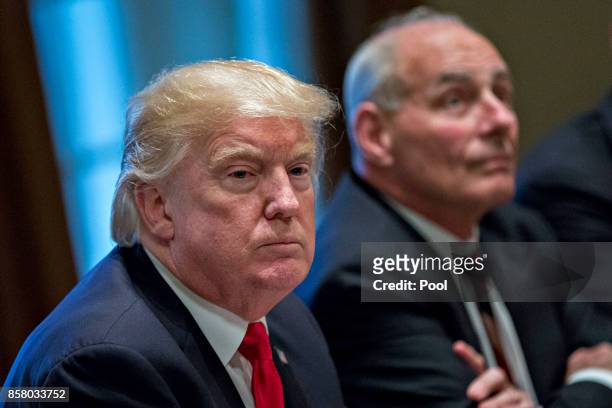 President Donald Trump attends a briefing with senior military leaders in the Cabinet Room of the White House October 5, 2017 in Washington, D.C....