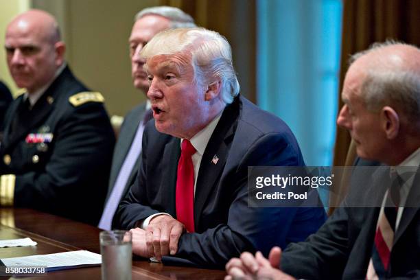 President Donald Trump speaks at a briefing with senior military leaders in the Cabinet Room of the White House October 5, 2017 in Washington, D.C....