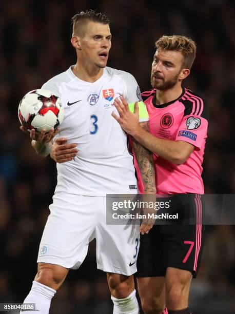 Martin Skrtel of Slovakia and James Morrison of Scotland are seen during the FIFA 2018 World Cup Qualifier between Scotland and Slovakia at Hampden...