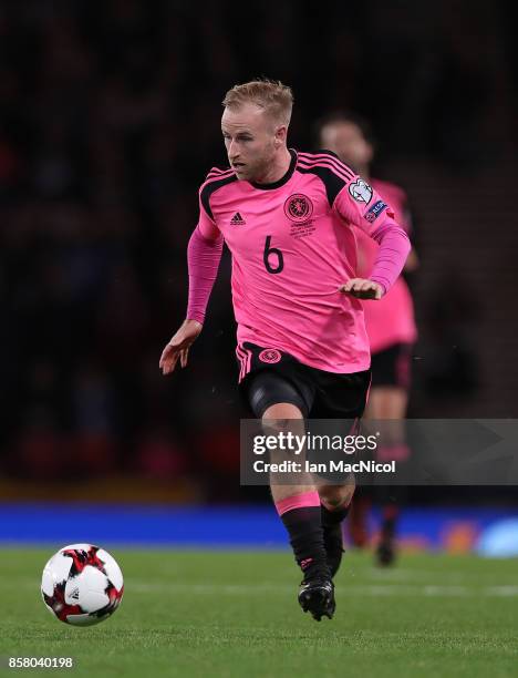 Barry Bannan of Scotland controls the ball during the FIFA 2018 World Cup Qualifier between Scotland and Slovakia at Hampden Park on October 5, 2017...