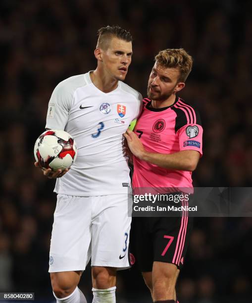 Martin Skrtel of Slovakia and James Morrison of Scotland are seen during the FIFA 2018 World Cup Qualifier between Scotland and Slovakia at Hampden...