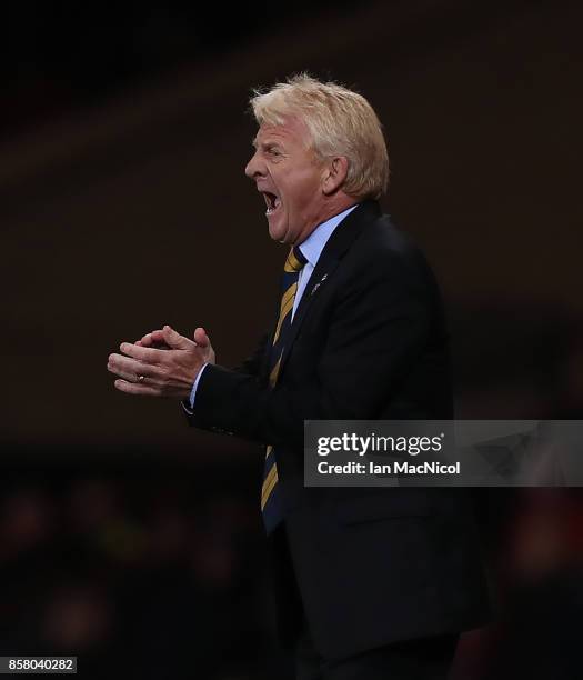 Scotland Manager Gordon Strachan is seen during the FIFA 2018 World Cup Qualifier between Scotland and Slovakia at Hampden Park on October 5, 2017 in...