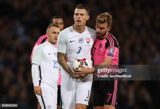 Martin Skrtel of Slovakia and James Morrison of Scotland are seen during the FIFA 2018 World Cup Qualifier between Scotland and Slovakia at Hampden...