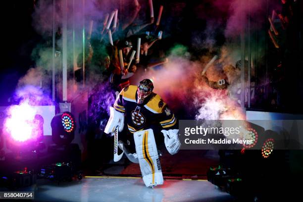 Tuukka Rask of the Boston Bruins is introduced before the game against the Nashville Predators at TD Garden on October 5, 2017 in Boston,...