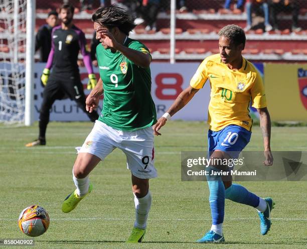 Neymar Jr. Of Brazil fights for the ball with Marcelo Moreno of Bolivia during a match between Bolivia and Brazil as part of FIFA 2018 World Cup...