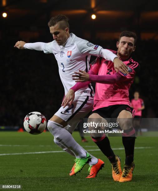 Peter Pekarik of Slovakia vies with Andy Robertson of Scotland during the FIFA 2018 World Cup Qualifier between Scotland and Slovakia at Hampden Park...