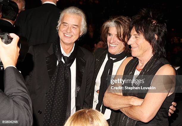 Musicians Jimmy Page, Joe Perry of Aerosmith and Jeff Beck attend the 24th Annual Rock and Roll Hall of Fame Induction Ceremony at Public Hall on...