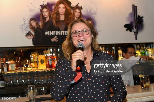 Francesca Raminella speaks at the launch of ghd hair North America Nocturne Holiday Campaign with Olivia Culpo & Justine Marjan on October 5, 2017 in...