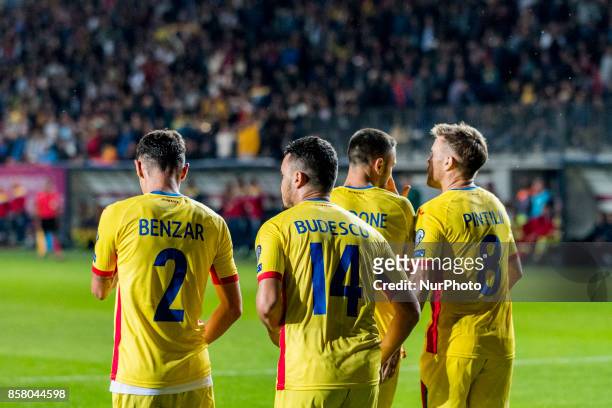 Romario Benzar Constantin Budescu Mihai Pintilii celebrating the second goal during the World Cup qualifying campaign 2018 game between Romania and...