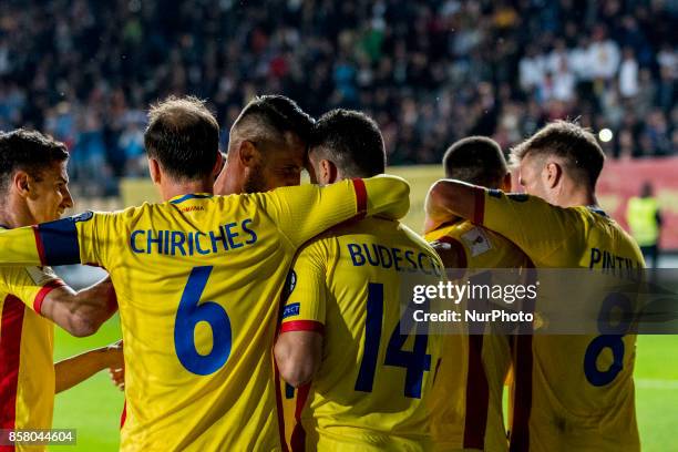 Vlad Chiriches Constantin Budescu Mihai Pintilii celebrating the second goal during the World Cup qualifying campaign 2018 game between Romania and...