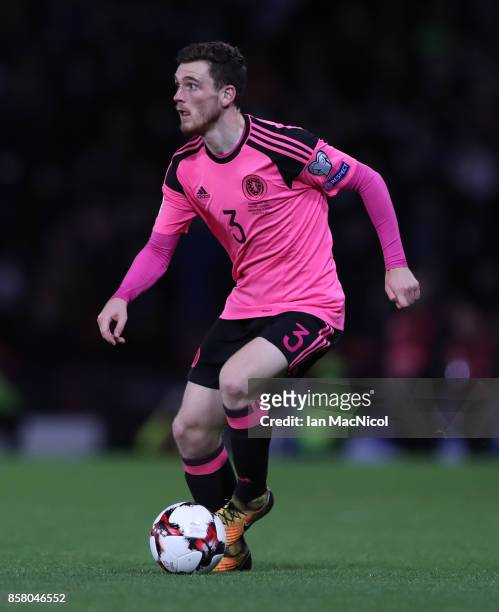 Andy Robertson of Scotland controls the ball during the FIFA 2018 World Cup Qualifier between Scotland and Slovakia at Hampden Park on October 5,...